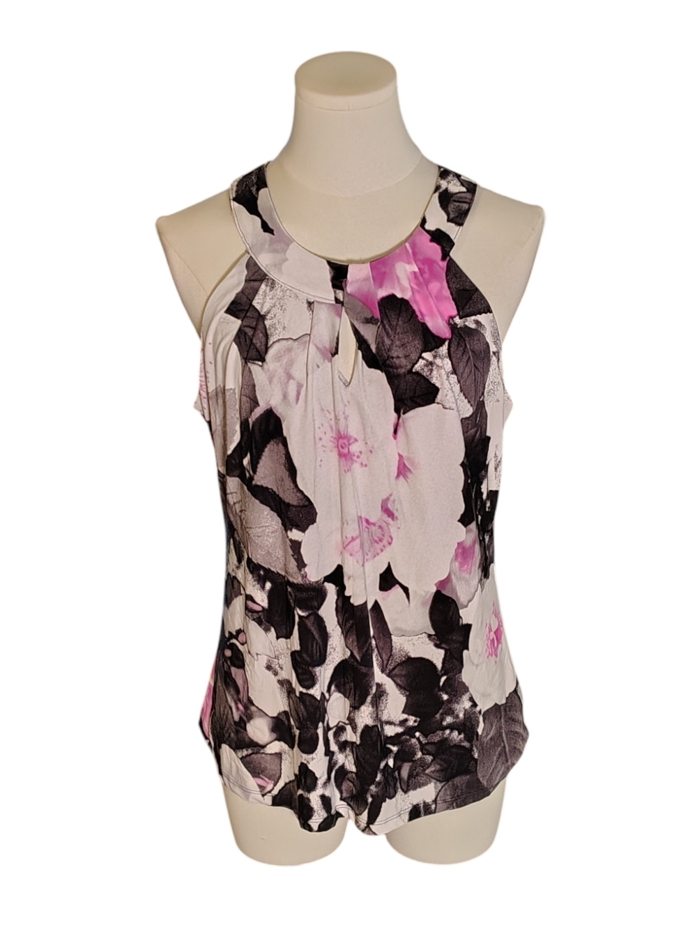 Vintage Express Purple Black White Tropical Floral Keyhole Tank Top Size Medium